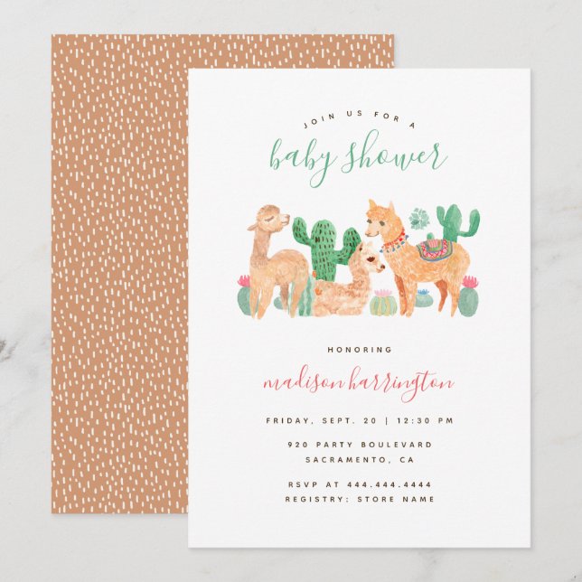 Adorable Alpaca Llama Cactus Boho Baby Shower Invitation (Front/Back)