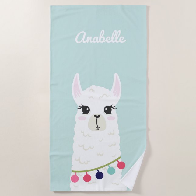 Adorable Alpaca Personalized Kids Beach Towel (Front)