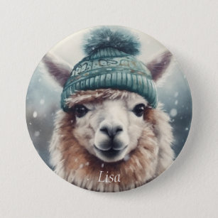 Adorable alpaca wearing blue beanie customizable  3 inch round button