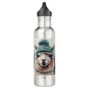 Adorable alpaca wearing blue beanie customizable 710 ml water bottle