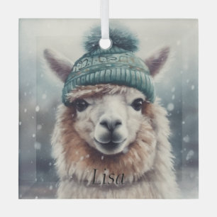 Adorable alpaca wearing blue beanie  glass ornament