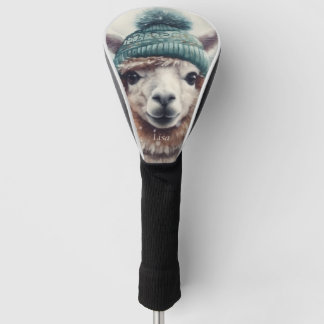 Adorable alpaca wearing blue beanie golf head cover