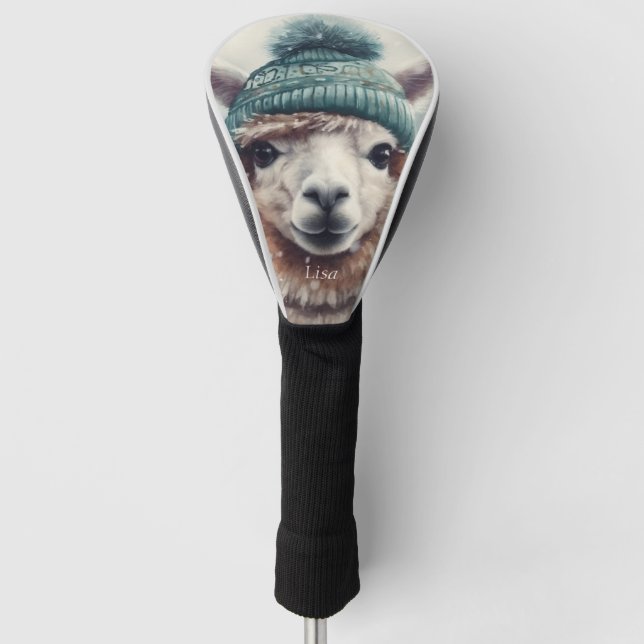 Adorable alpaca wearing blue beanie  golf head cover (Front)
