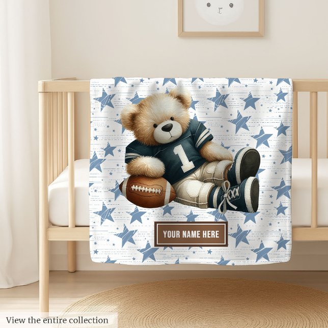 Adorable American Football Teddy Bear Personalized Fleece Blanket (Personalized American football teddy bear blanket, unique and perfect boy birthday gift choice.)