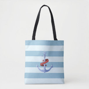 Adorable Anchor Light Blue and White Stripes Tote Bag