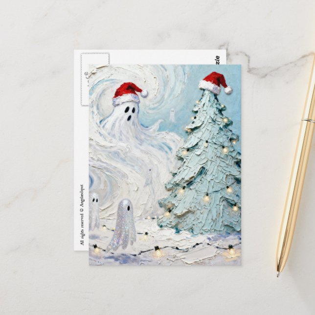 Adorable and Cute Christmas Ghosts and Tree Postcard (Front/Back In Situ)