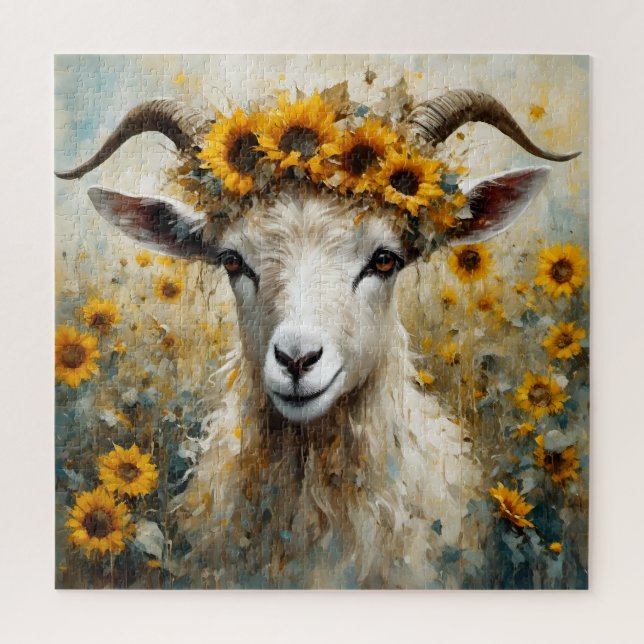 Adorable Angora Goat in the Sunflower Fields Jigsaw Puzzle (Vertical)