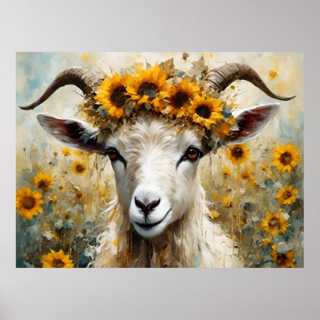 Adorable Angora Goat in the Sunflower Fields Poster (Front)