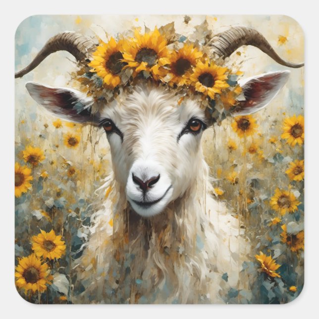 Adorable Angora Goat in the Sunflower Fields Square Sticker (Front)