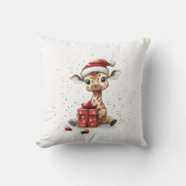 Adorable Animal Baby Giraffe Santa Hat Throw Pillow (Front)