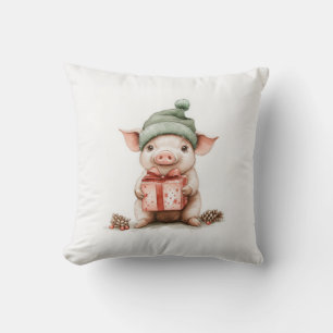 Adorable Animal Christmas Series Baby Pig in Hat Throw Pillow