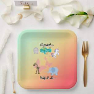 Adorable Animal Friends Baby Green Yellow Orange Paper Plate