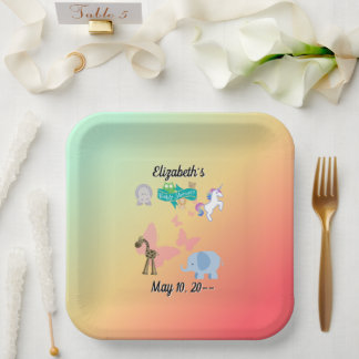 Adorable Animal Friends Baby Green Yellow Orange Paper Plate