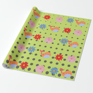 Adorable animals and flowers green party wrapping paper