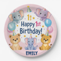 Adorable Animals Happy 1st Birthday Paper Plate