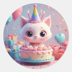 Adorable Animated Cat Celebrating a Birthday Party Classic Round Sticker