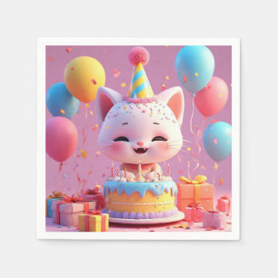 Adorable Animated Cat Celebrating a Birthday Party Napkin