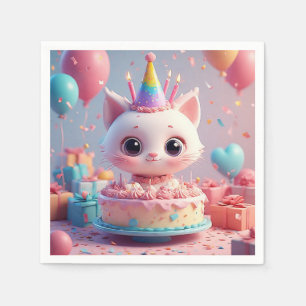 Adorable Animated Cat Celebrating a Birthday Party Napkin