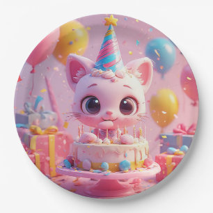 Adorable Animated Cat Celebrating a Birthday Party Paper Plate
