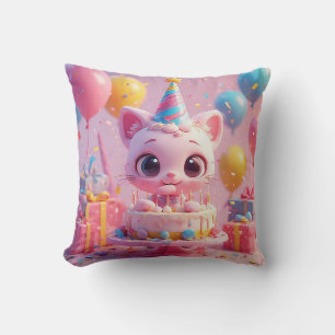 Adorable Animated Cat Celebrating a Birthday Party Throw Pillow