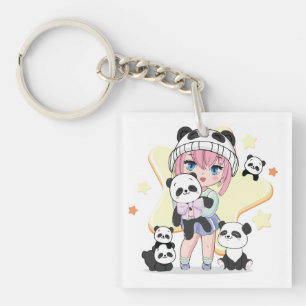 Adorable Anime Girl Surrounded by Panda Toys Keychain
