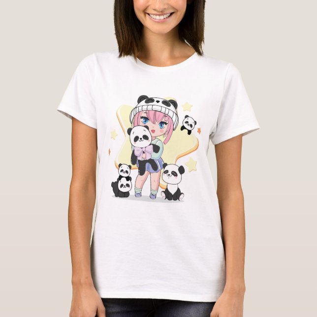 Adorable Anime Girl Surrounded by Panda Toys T-Shirt (Front)