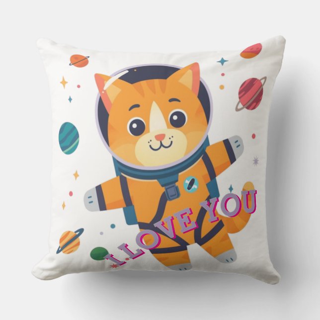 Adorable Astronaut Cat Throw Pillow (Front)