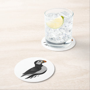 Adorable Atlantic Puffin Swimming Cartoon Round Paper Coaster