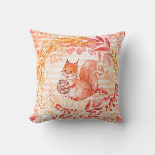 Adorable Autumn Squirrel Throw Pillow (Front)