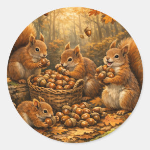 Adorable Autumn Squirrels Acorn Feast Classic Round Sticker