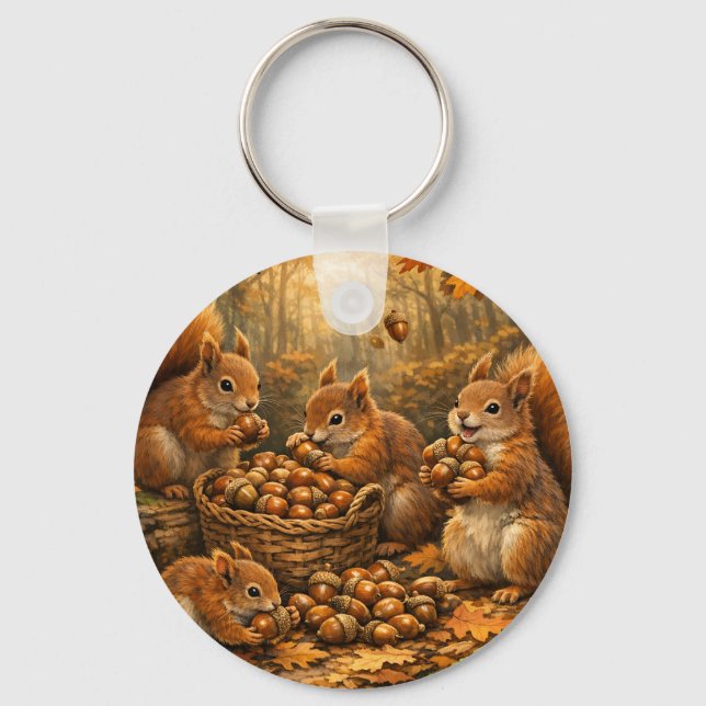 Adorable Autumn Squirrels Acorn Feast Keychain (Front)