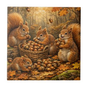 Adorable Autumn Squirrels Acorn Feast Tile