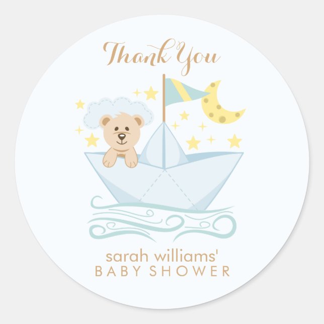 Adorable Baby Bear in Paper Boat Classic Round Sticker (Front)