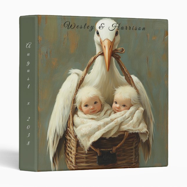 Adorable Baby Boy Twins Stork Woven BAsket Binder (Front/Spine)