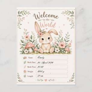 Adorable Baby Bunny Design with Birth Details Fiel Postcard