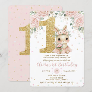 Adorable Baby Bunny Rabbit Blush 1st Birthday One  Invitation