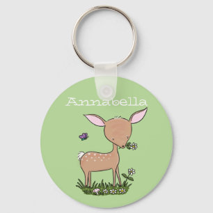 Adorable baby deer and flower cartoon illustration keychain