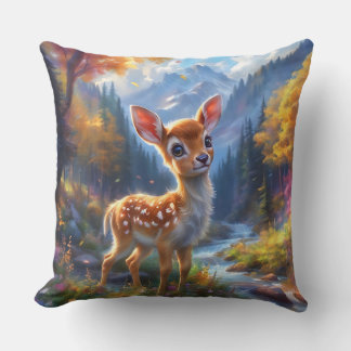 Adorable Baby Deer in an Enchanted Forest Throw Pillow
