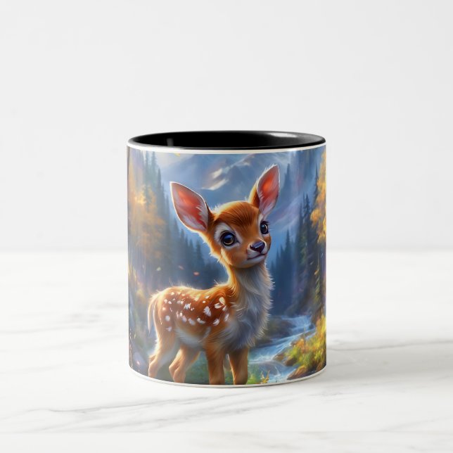 Adorable Baby Deer in an Enchanted Forest Two-Tone Coffee Mug (Center)