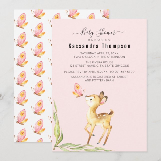 Adorable Baby Deer With Butterfly Baby Shower Invitation (Front/Back)
