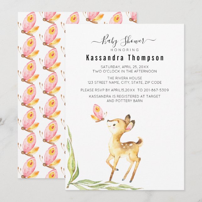 Adorable Baby Deer With Butterfly Baby Shower Invitation (Front/Back)