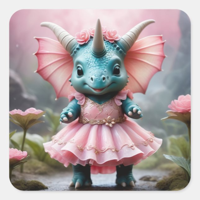 Adorable Baby Dino in a Pink Dress Square Sticker (Front)