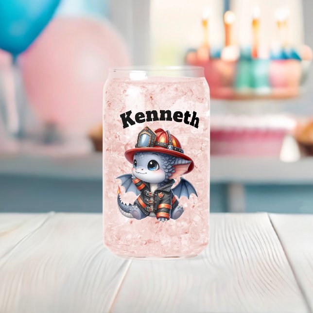 Adorable baby dragon dressed as a firefighter can glass (Insitu (Baby Shower))