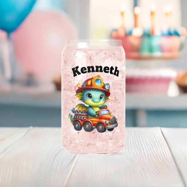 Adorable baby dragon driving a red fire truck can glass (Insitu (Baby Shower))