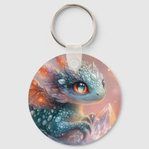 Adorable Baby Dragon with Crystal Gem: Fantasy Art Keychain
