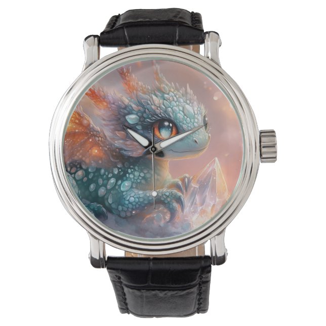 Adorable Baby Dragon with Crystal Gem: Fantasy Art Watch (Front)
