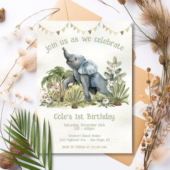 Adorable Baby Elephant 1st Birthday Party Invitation (Creator Uploaded)