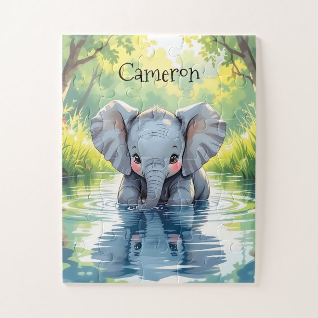 Adorable Baby Elephant and Reflection Personalized Jigsaw Puzzle (Vertical)