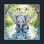 Adorable Baby Elephant and Reflection Personalized Magnet<br><div class="desc">This magnet has a cute watercolor cartoon chibi ai illustration of a baby elephant drinking out of a lake while looking at his own reflection.  Adorable for a child's bedroom or baby nursery. You can add child's name and birthday in the personalize area.</div>