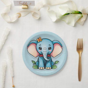 Adorable Baby Elephant Blue Paper Plate